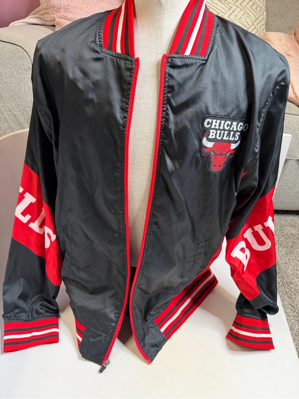 NBA Chicago Bulls Black and Red Varsity-Style Bomber Jacket